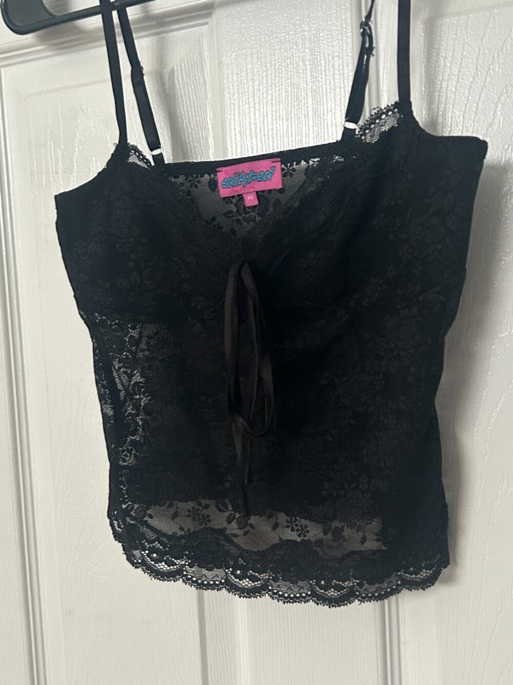 Edikted Sheer Black Lace Camisole Tank Top Women's Extra Small Y2K Front-Tie - Picture 3 of 10